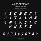 A custom lettering font preview sheet from DRC Moto Co. showing the uppercase alphabet and numbers 0-9 in a distressed white brush-style typeface on a black background, with the text 'CUSTOM HOODIE' and 'MAKE IT YOURS.