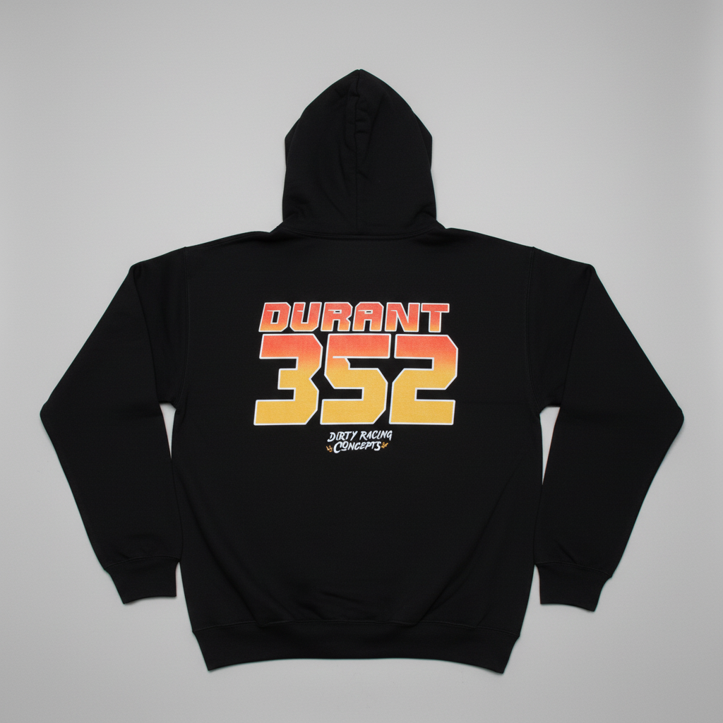 Black hoodie with 'Durant 352' text on a beige surface