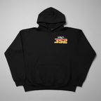 Black hoodie with 'DRC 352' logo on a beige surface